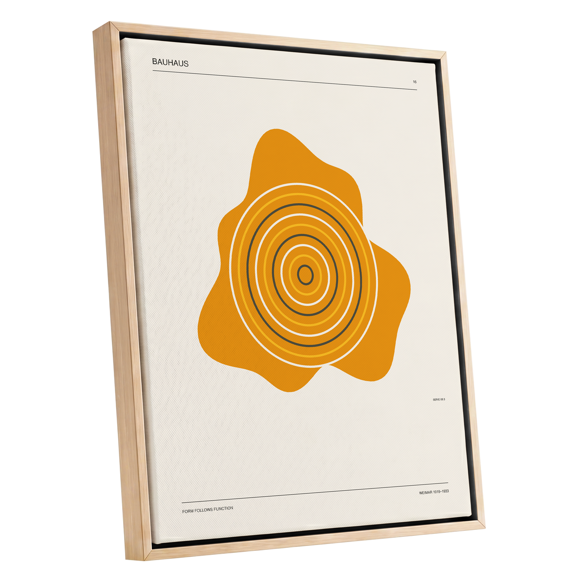 Orbit of Form, orange, beige, black abstract wall art shown as a oak framed canvas wall art