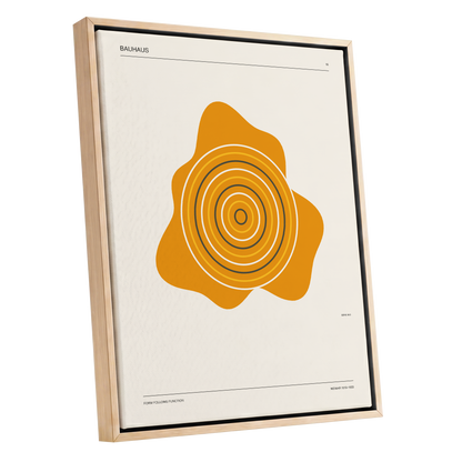 Orbit of Form, orange, beige, black abstract wall art shown as a oak framed canvas wall art