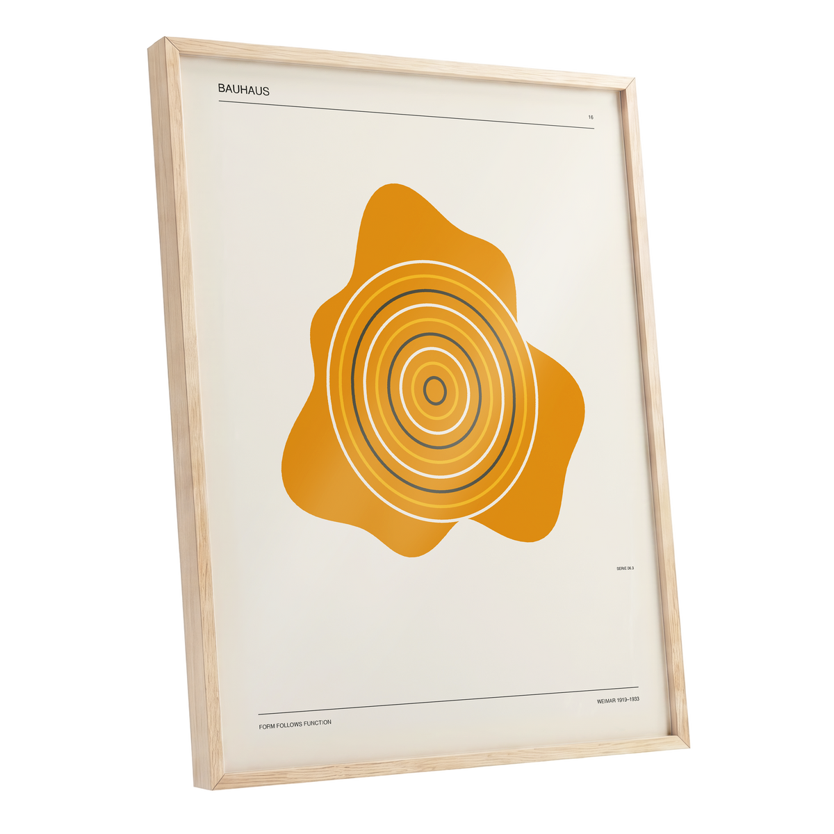 Orbit of Form, orange, beige, black abstract wall art shown as a oak framed poster wall art print