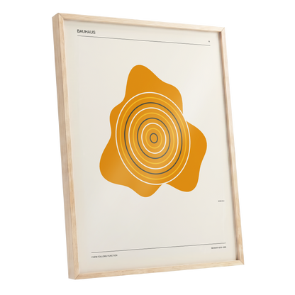 Orbit of Form, orange, beige, black abstract wall art shown as a oak framed poster wall art print