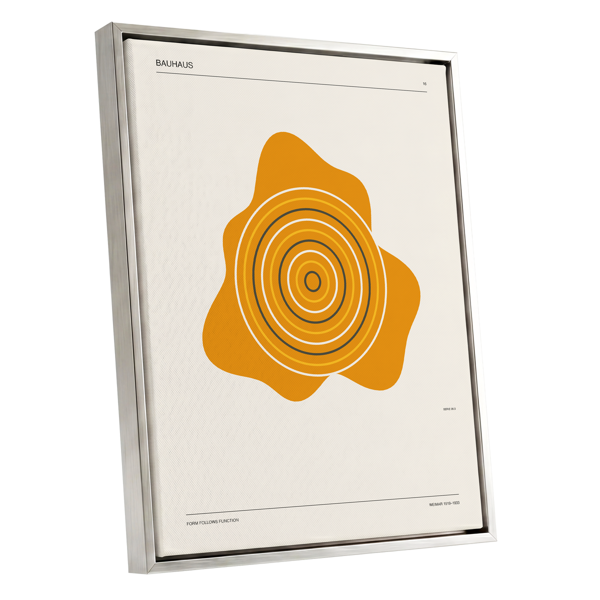 Orbit of Form, orange, beige, black abstract wall art shown as a silver framed canvas wall art