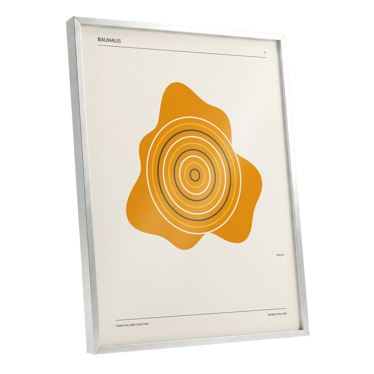 Orbit of Form, orange, beige, black abstract wall art shown as a silver framed poster wall art print