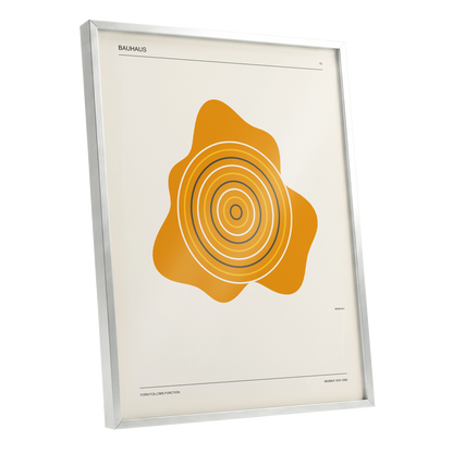 Orbit of Form, orange, beige, black abstract wall art shown as a silver framed poster wall art print