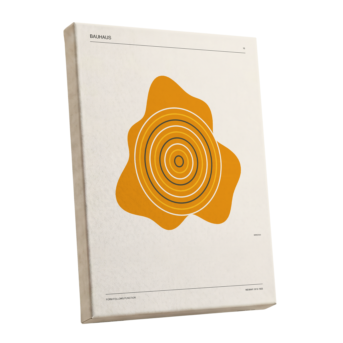 Orbit of Form, orange, beige, black abstract wall art shown as a stretched canvas wall art