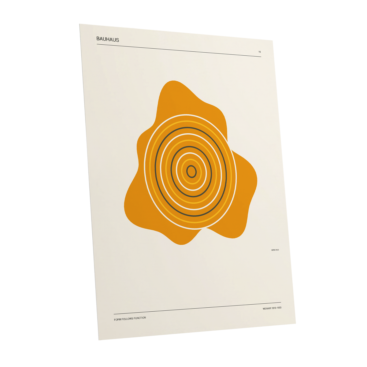 Orbit of Form, orange, beige, black abstract wall art shown as a unframed poster wall art print