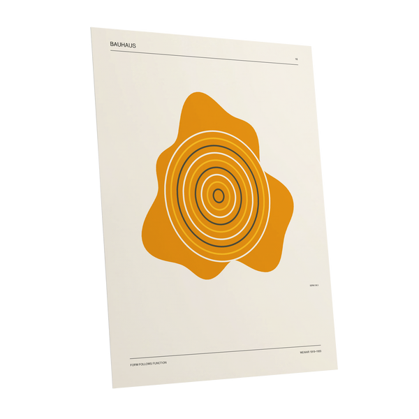 Orbit of Form, orange, beige, black abstract wall art shown as a unframed poster wall art print
