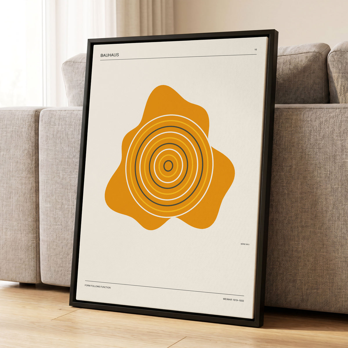Orbit of Form, orange, beige, black abstract wall art displayed in a styled interior, gallery view 1