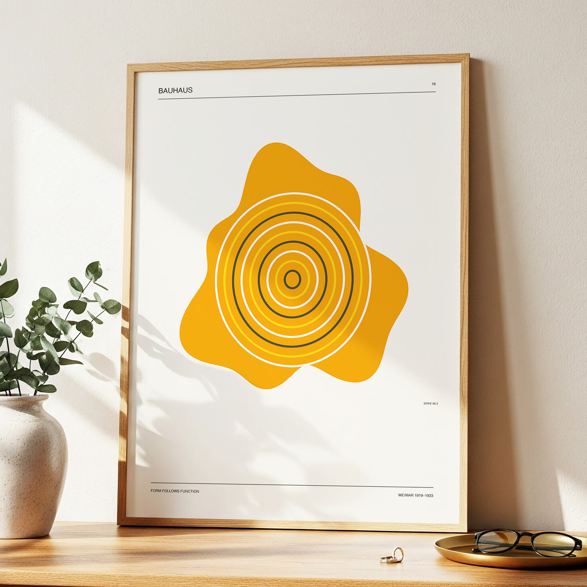 Orbit of Form, orange, beige, black abstract wall art displayed in a styled interior, gallery view 2