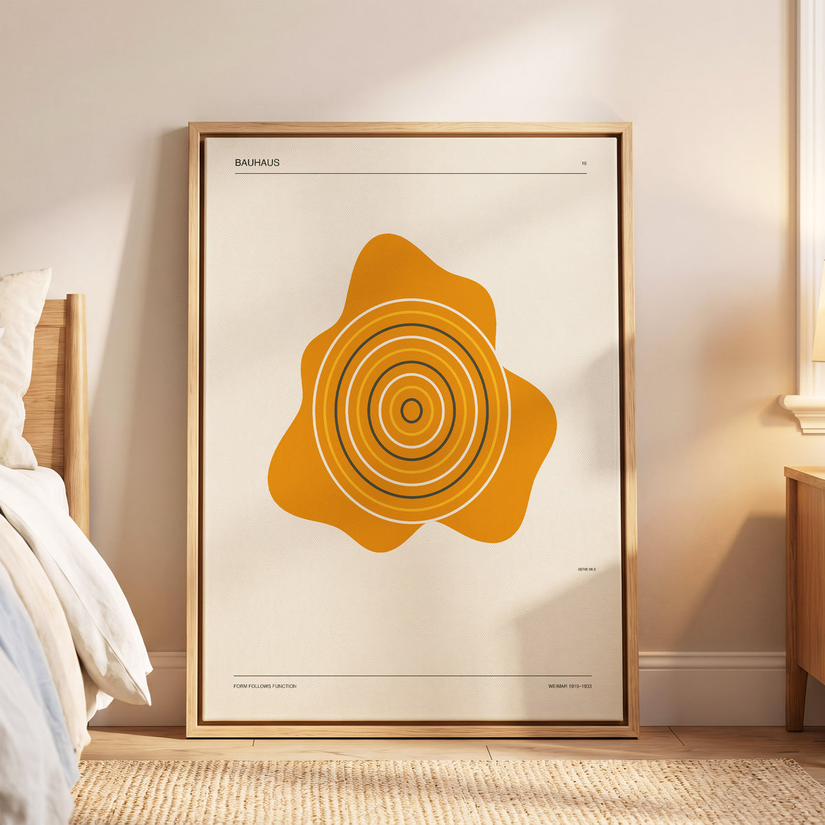 Orbit of Form, orange, beige, black abstract wall art displayed in a styled interior, gallery view 5