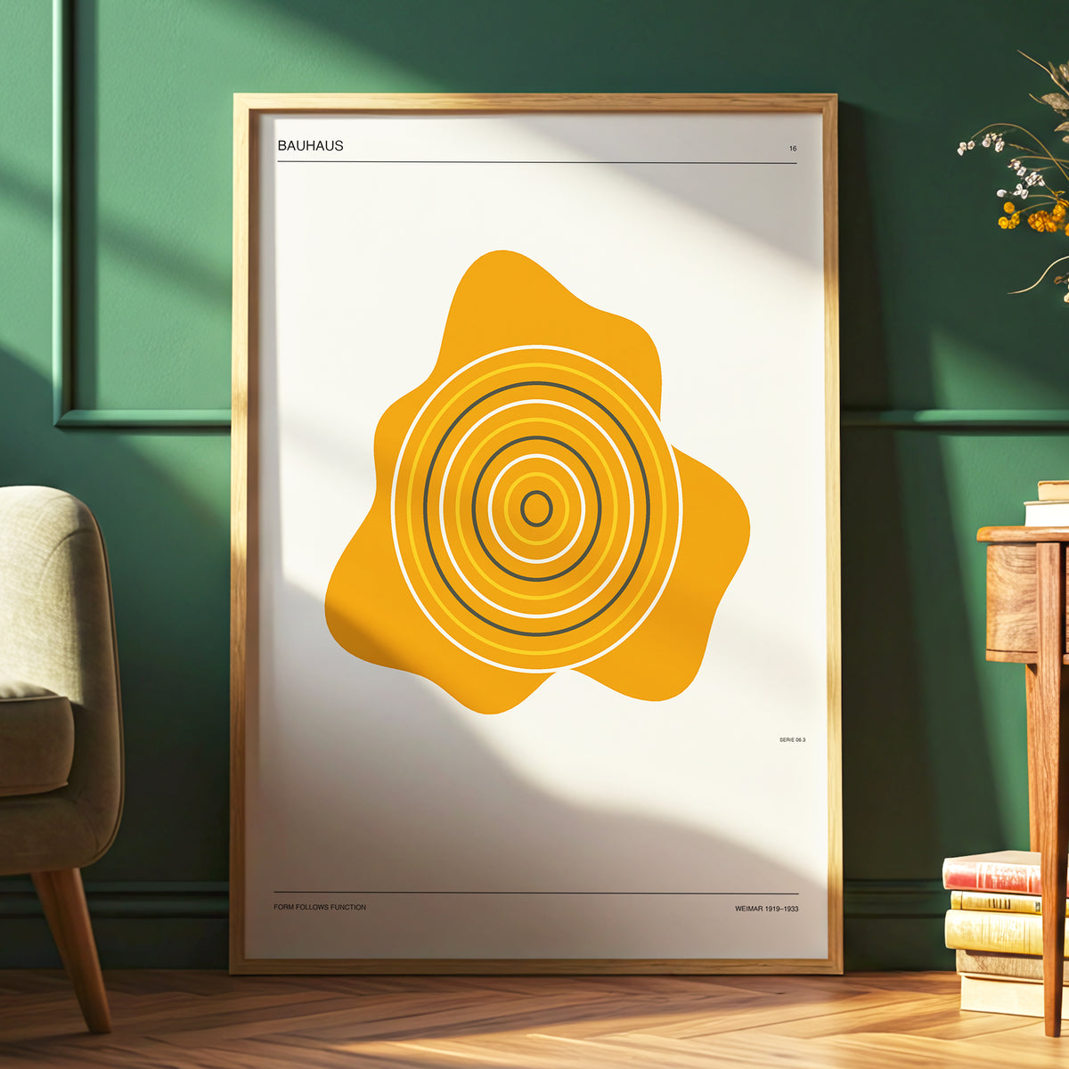 Orbit of Form, orange, beige, black abstract wall art displayed in a styled interior, gallery view 6