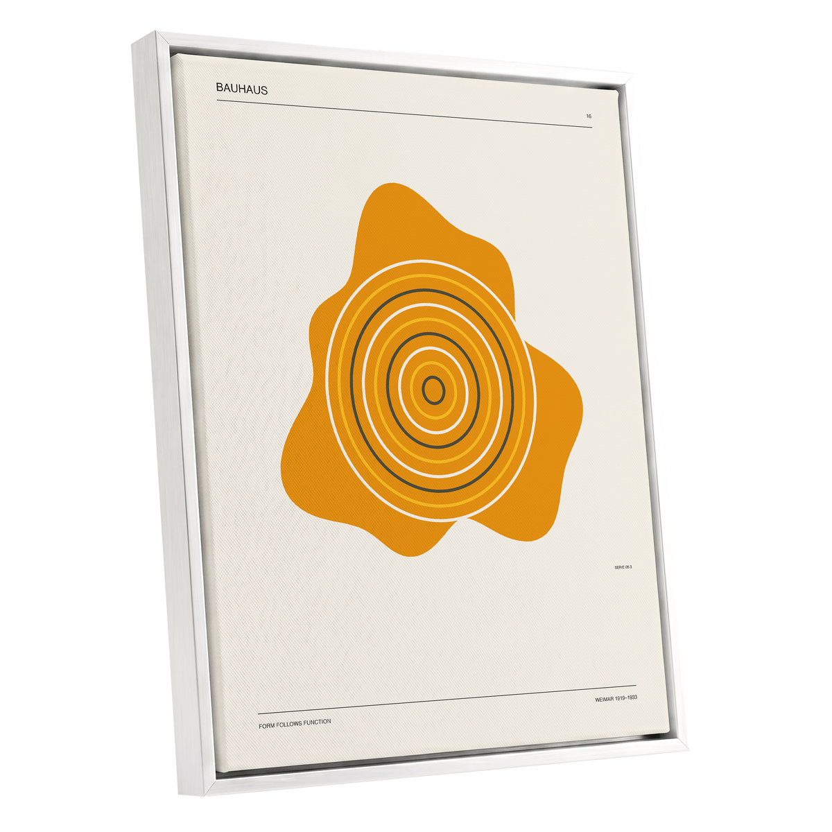 Orbit of Form, orange, beige, black abstract wall art shown as a white framed canvas wall art