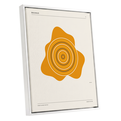 Orbit of Form, orange, beige, black abstract wall art shown as a white framed canvas wall art