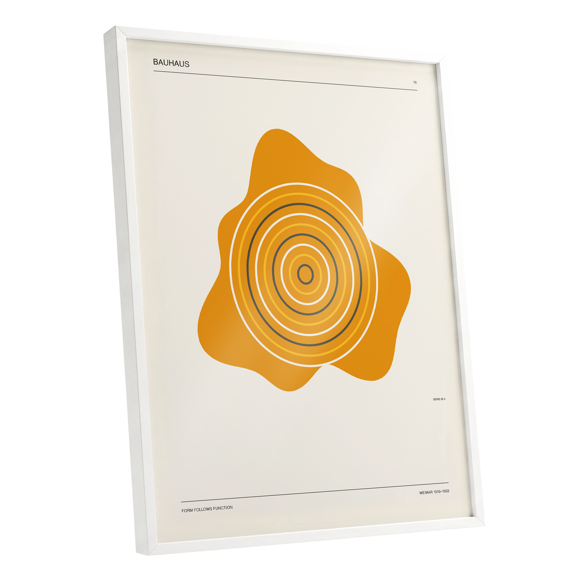 Orbit of Form, orange, beige, black abstract wall art shown as a white framed poster wall art print