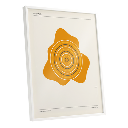 Orbit of Form, orange, beige, black abstract wall art shown as a white framed poster wall art print