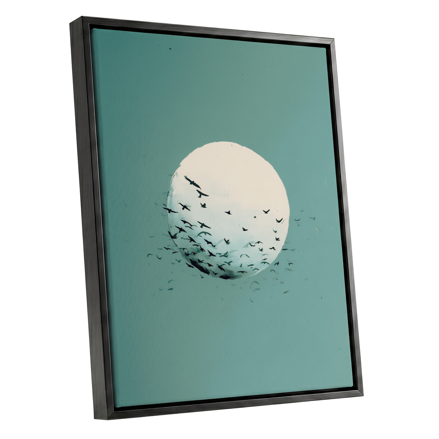 Orbit of Wings, green, beige, black nature wall art shown as a black framed canvas wall art
