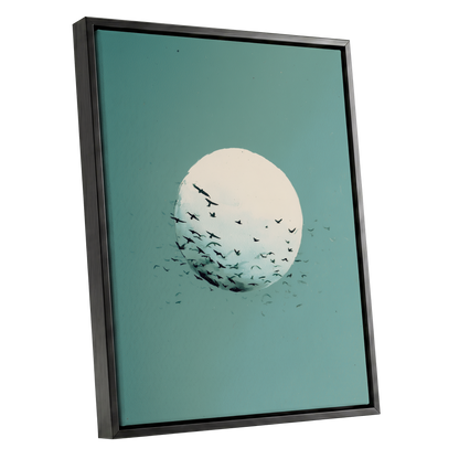 Orbit of Wings, green, beige, black nature wall art shown as a black framed canvas wall art