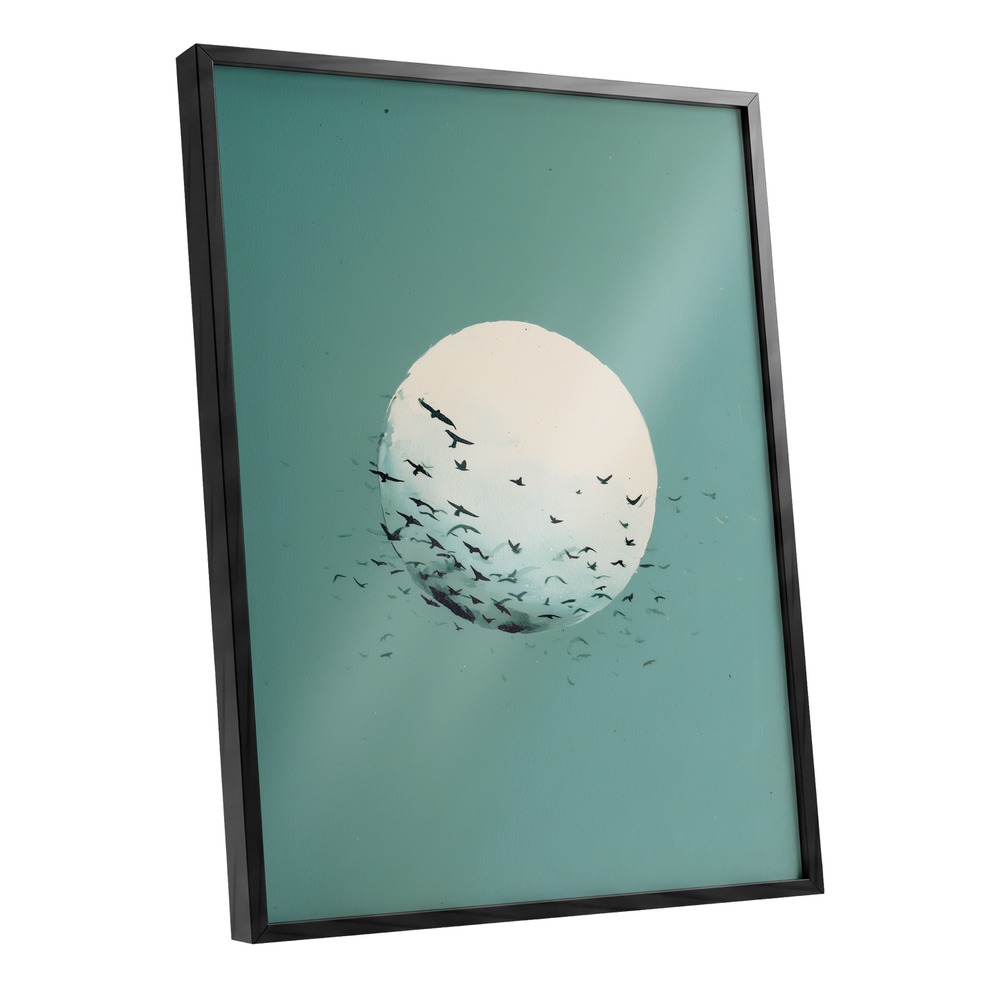Orbit of Wings, green, beige, black nature wall art shown as a black framed poster wall art print
