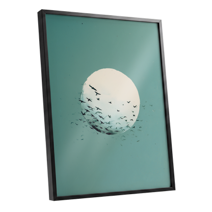 Orbit of Wings, green, beige, black nature wall art shown as a black framed poster wall art print