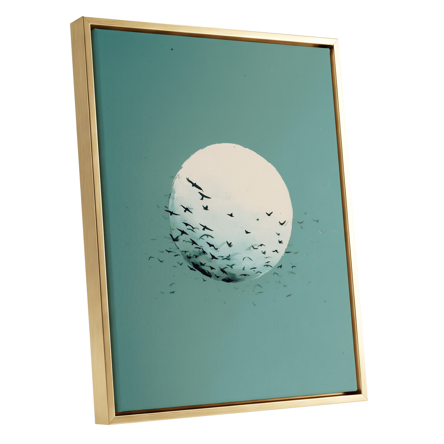 Orbit of Wings, green, beige, black nature wall art shown as a gold framed canvas wall art