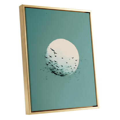 Orbit of Wings, green, beige, black nature wall art shown as a gold framed canvas wall art