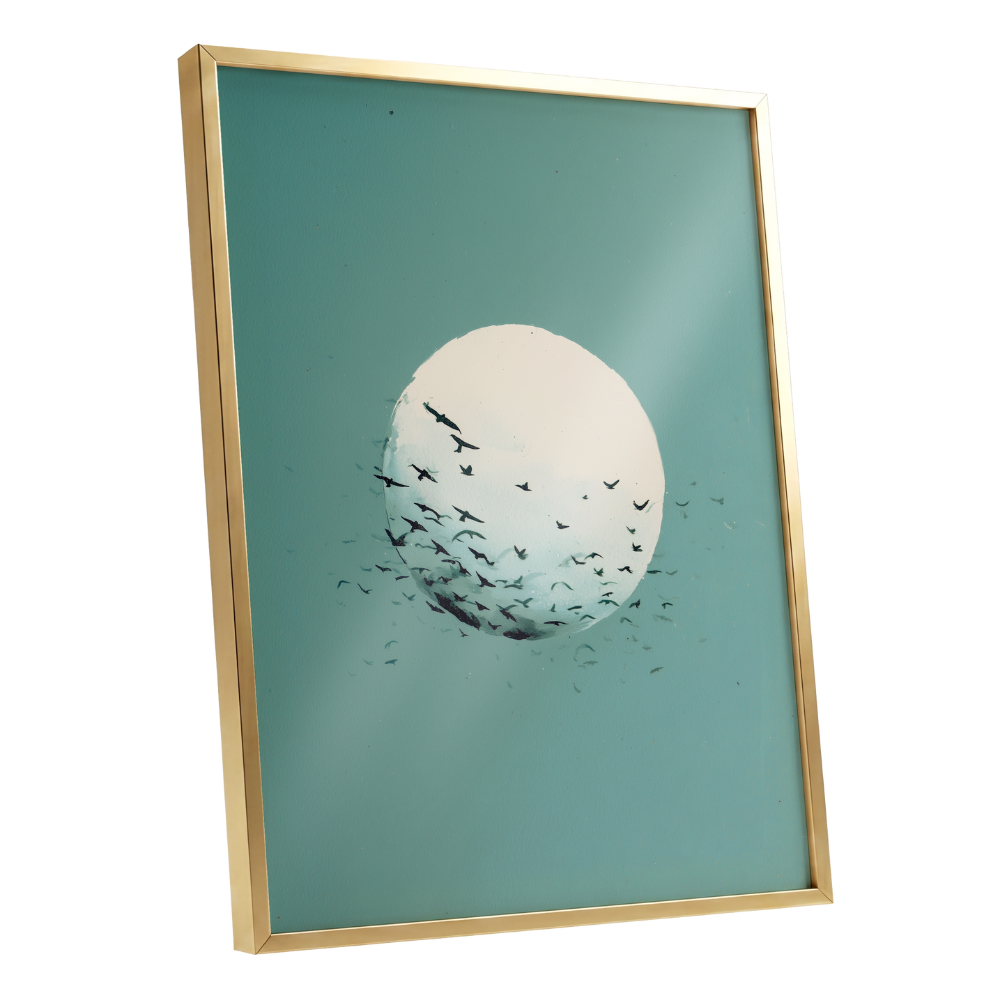 Orbit of Wings, green, beige, black nature wall art shown as a gold framed poster wall art print