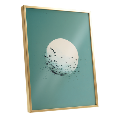 Orbit of Wings, green, beige, black nature wall art shown as a gold framed poster wall art print