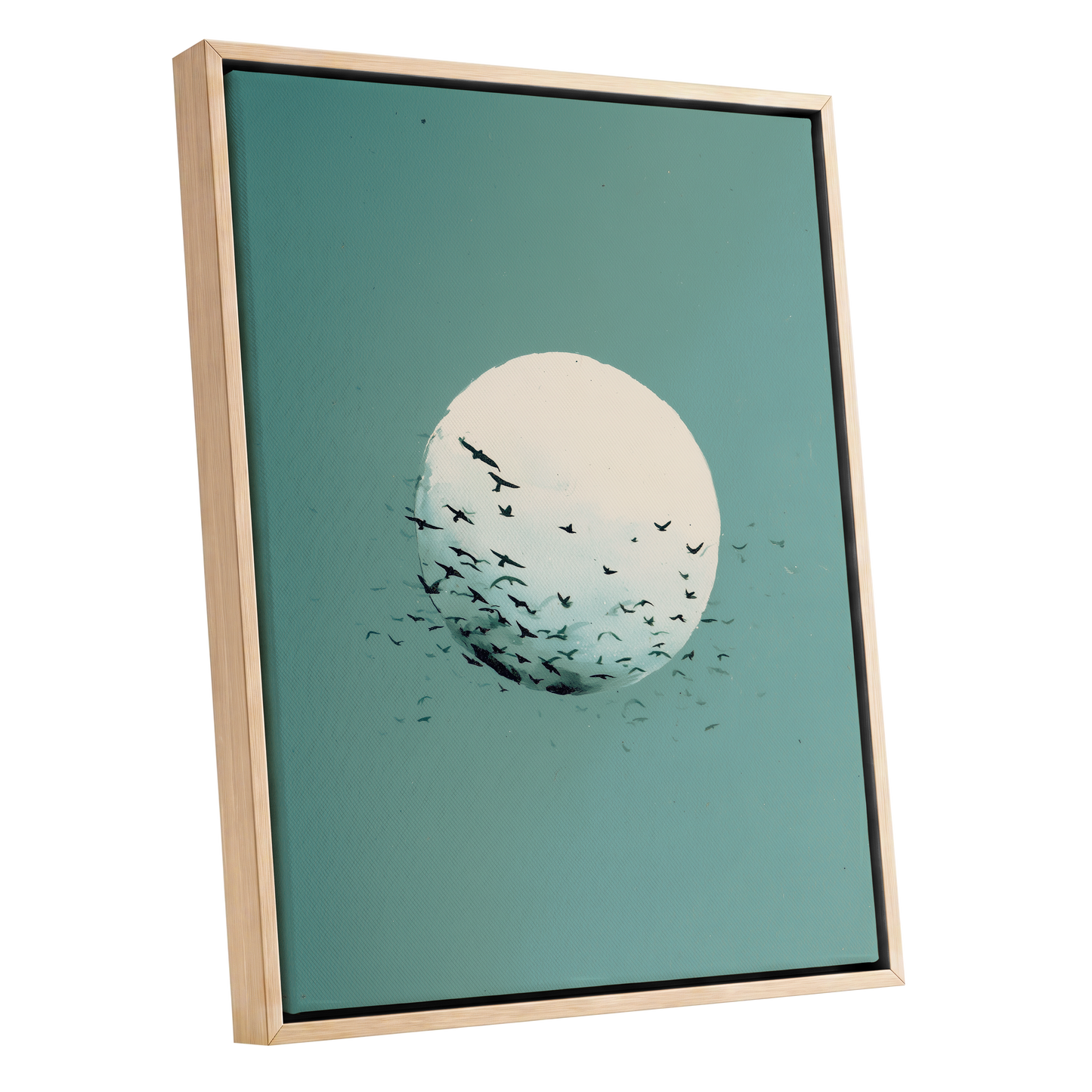 Orbit of Wings, green, beige, black nature wall art shown as a oak framed canvas wall art