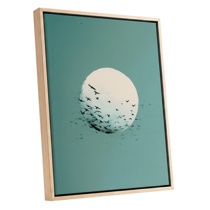 Orbit of Wings, green, beige, black nature wall art shown as a oak framed canvas wall art