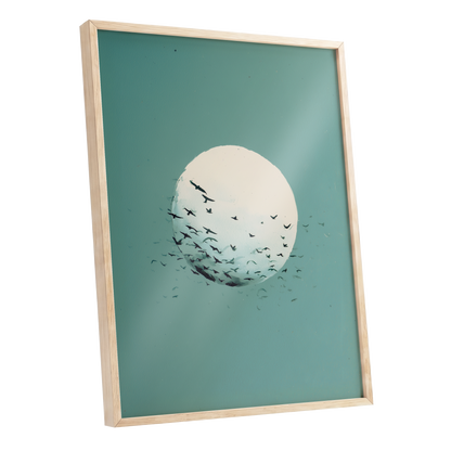 Orbit of Wings, green, beige, black nature wall art shown as a oak framed poster wall art print