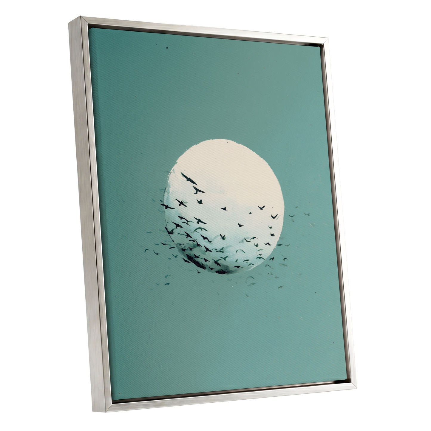 Orbit of Wings, green, beige, black nature wall art shown as a silver framed canvas wall art