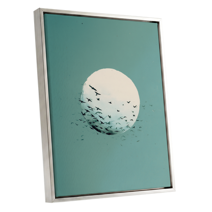 Orbit of Wings, green, beige, black nature wall art shown as a silver framed canvas wall art