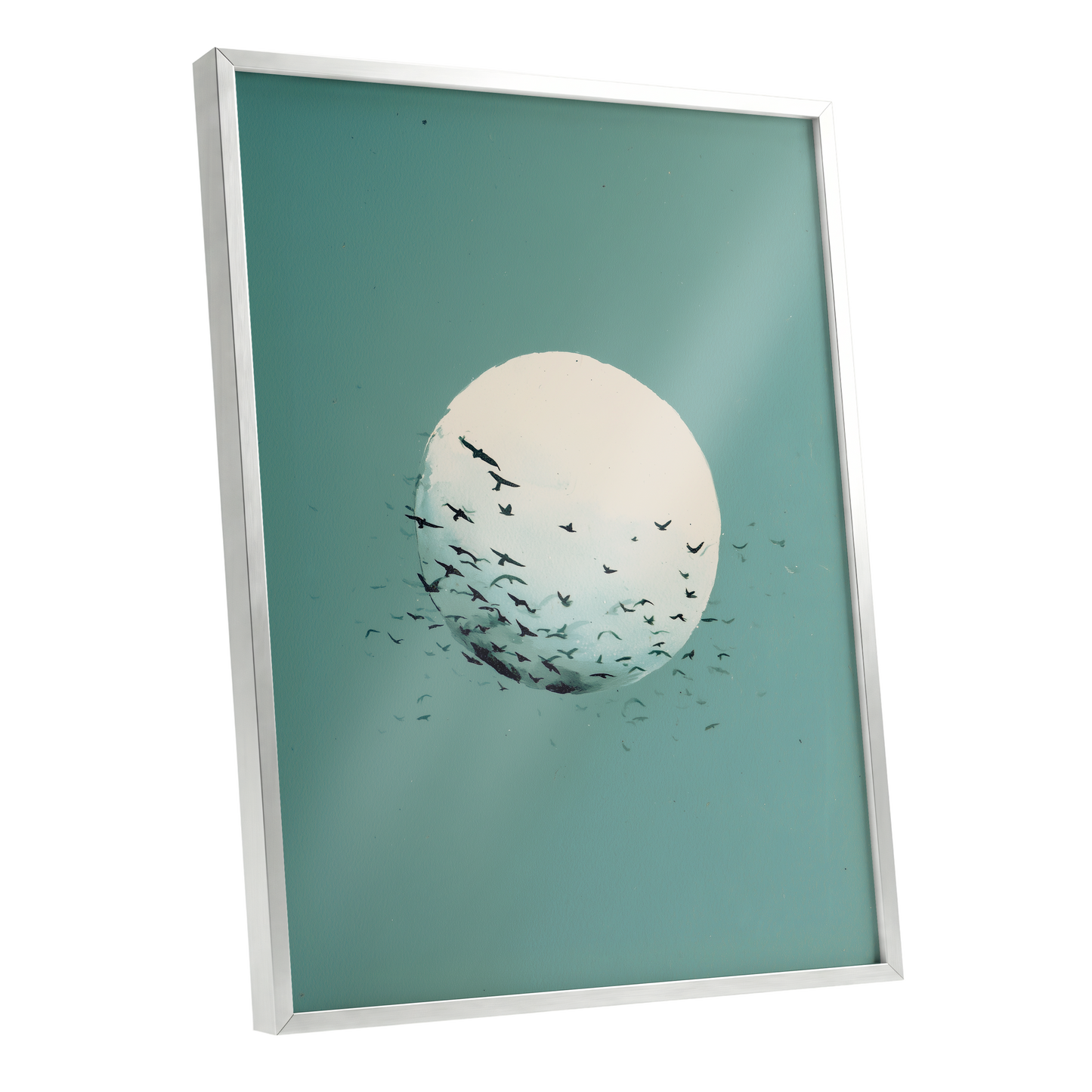 Orbit of Wings, green, beige, black nature wall art shown as a silver framed poster wall art print
