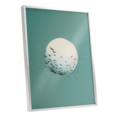 Orbit of Wings, green, beige, black nature wall art shown as a silver framed poster wall art print