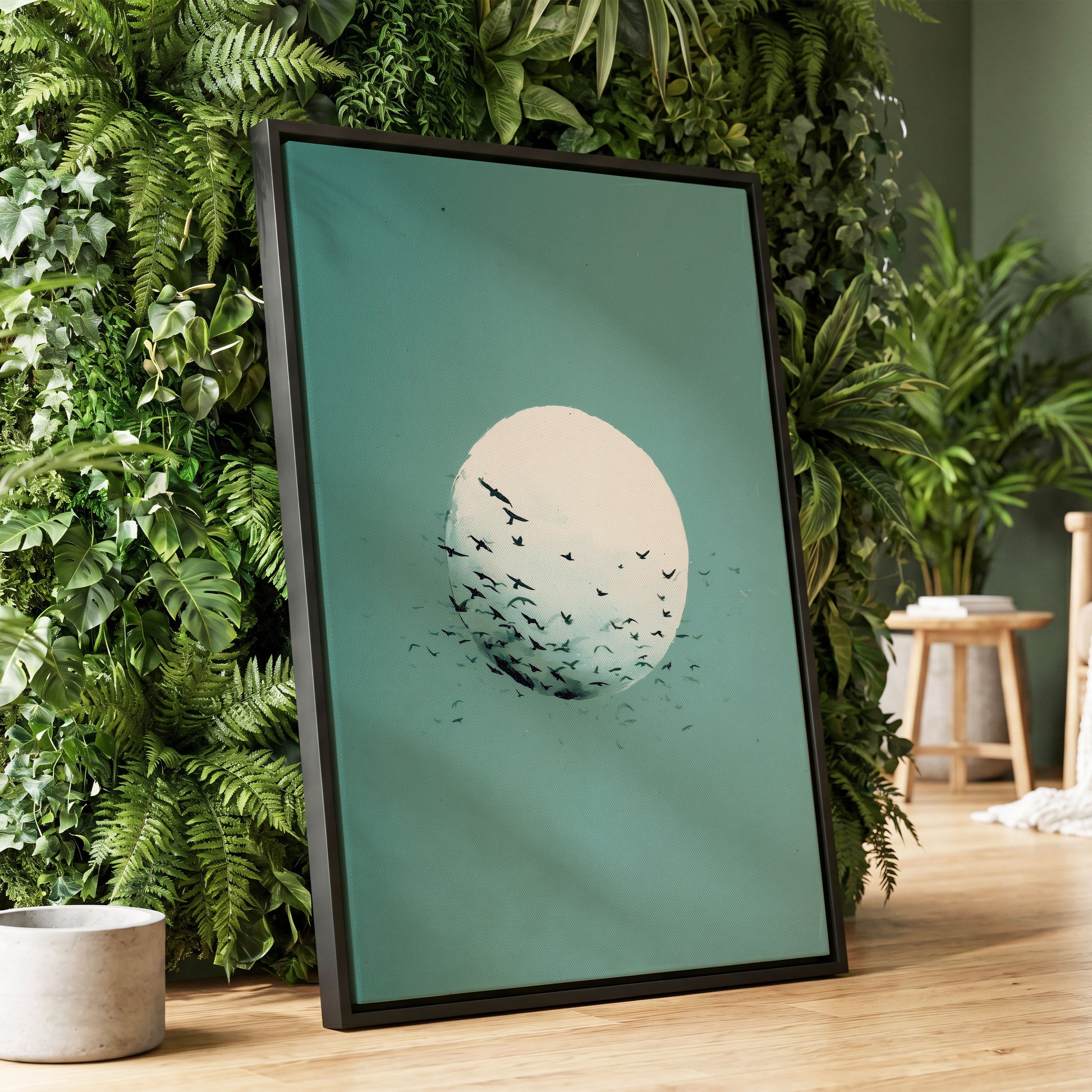 Orbit of Wings, green, beige, black nature wall art displayed in a styled interior, gallery view 4