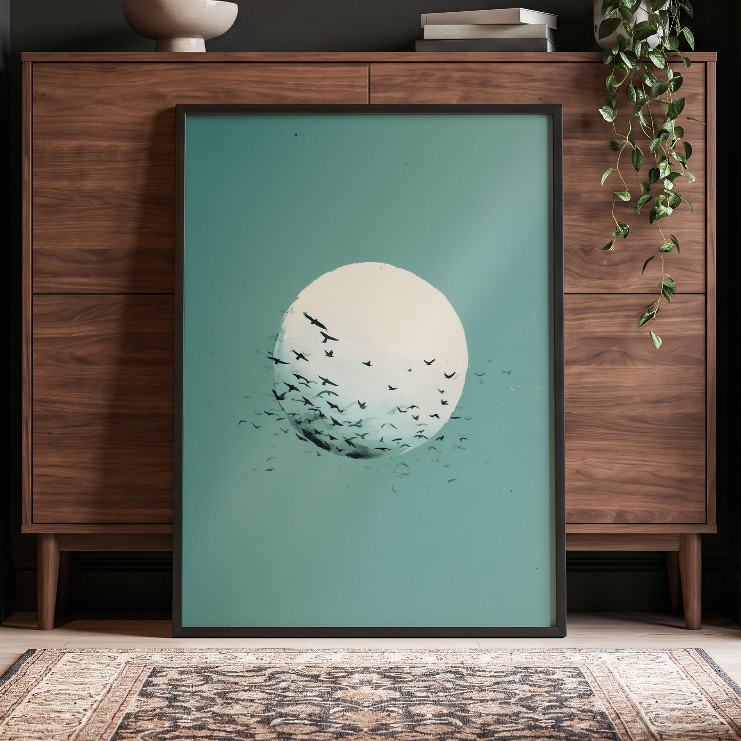 Orbit of Wings, green, beige, black nature wall art displayed in a styled interior, gallery view 6