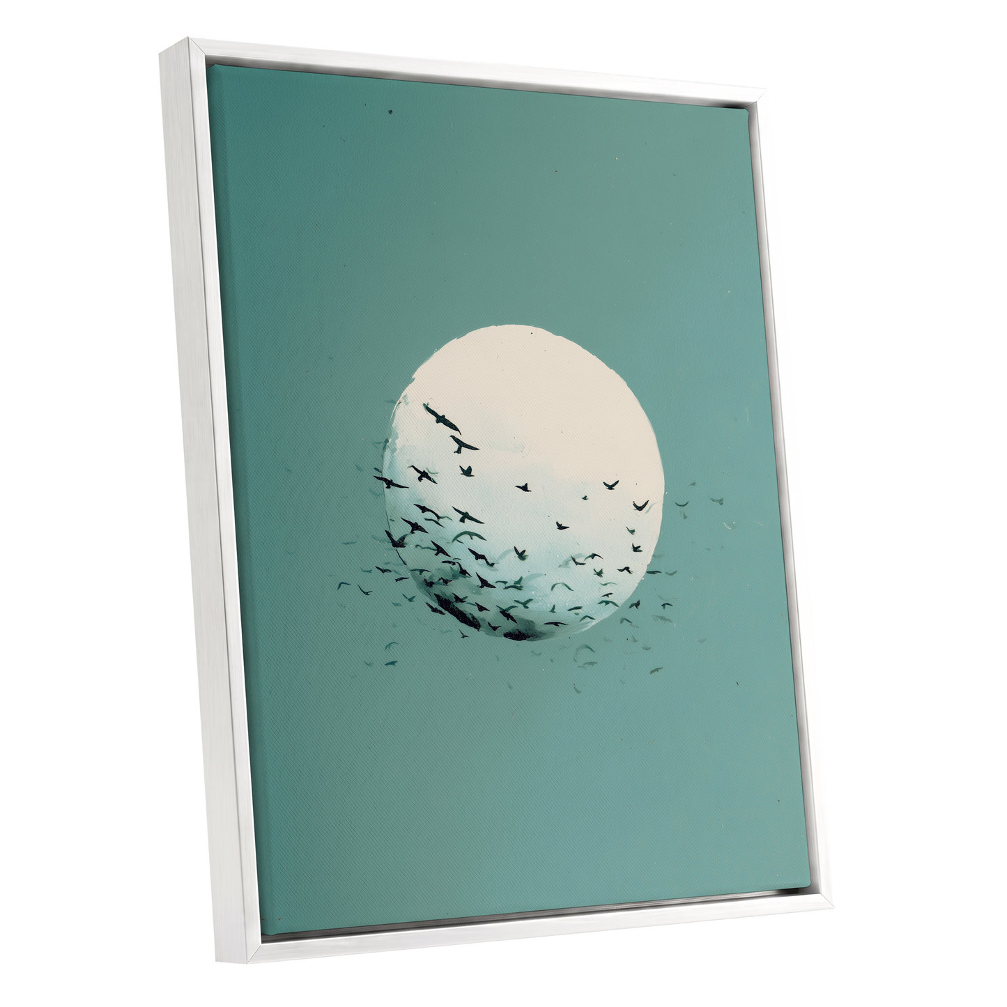 Orbit of Wings, green, beige, black nature wall art shown as a white framed canvas wall art