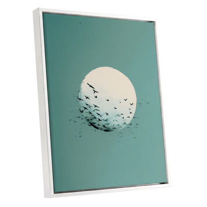 Orbit of Wings, green, beige, black nature wall art shown as a white framed canvas wall art