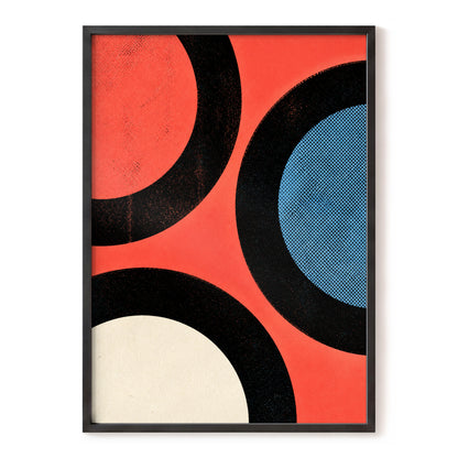 Orbit Rhythm, red, black, blue abstract wall art, front artwork view