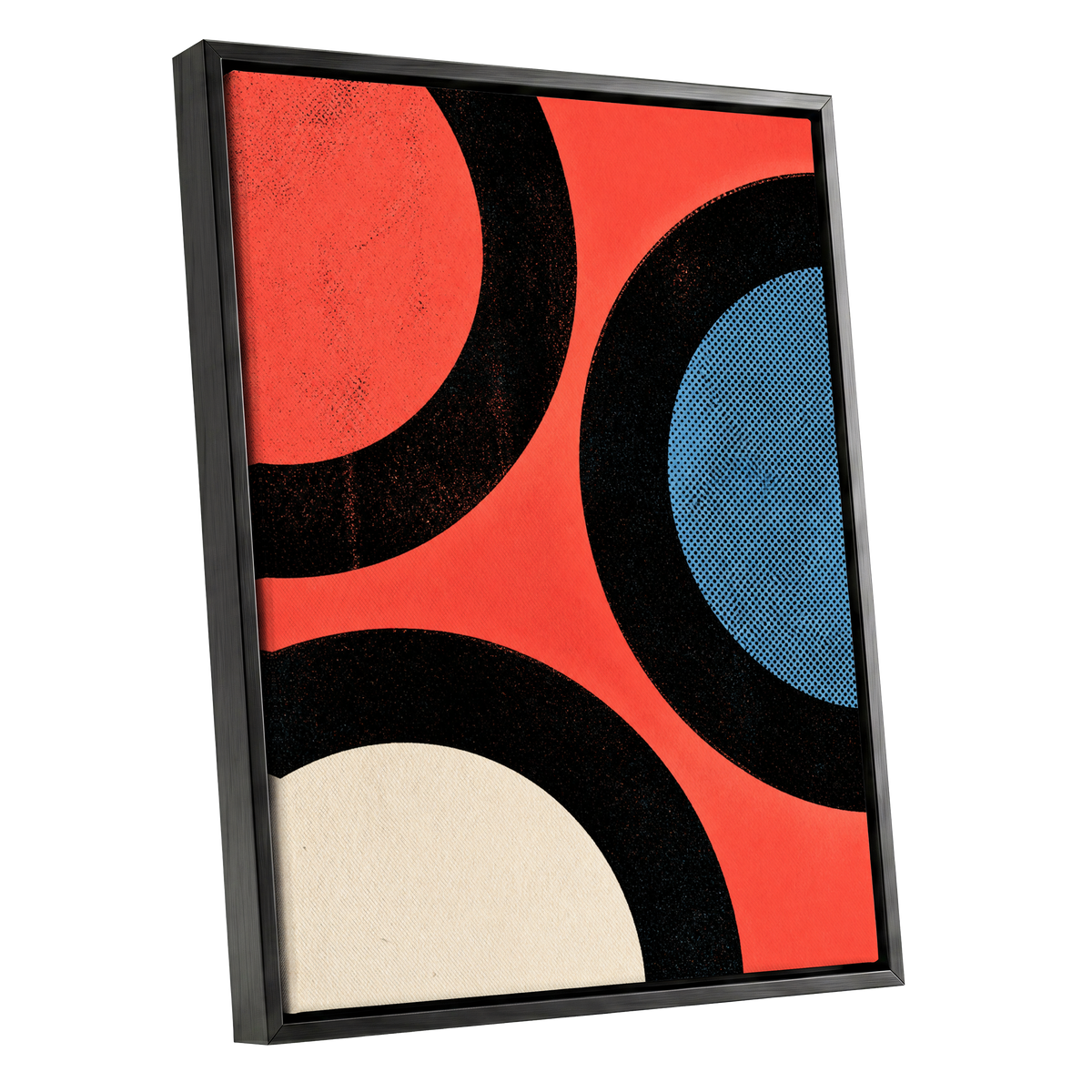 Orbit Rhythm, red, black, blue abstract wall art shown as a black framed canvas wall art
