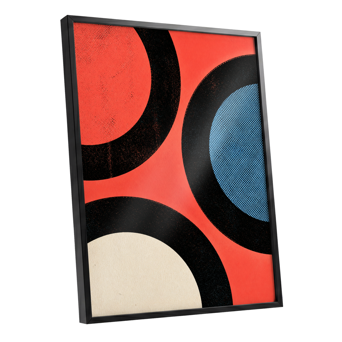 Orbit Rhythm, red, black, blue abstract wall art shown as a black framed poster wall art print