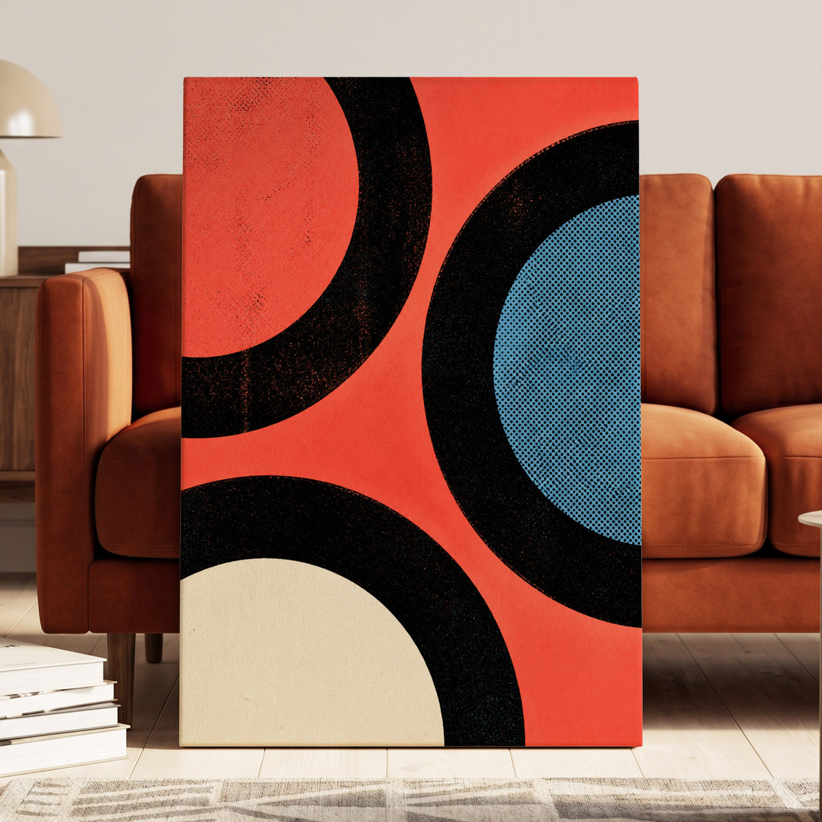 Orbit Rhythm, red, black, blue abstract wall art on canvas displayed in a styled interior, gallery view 1