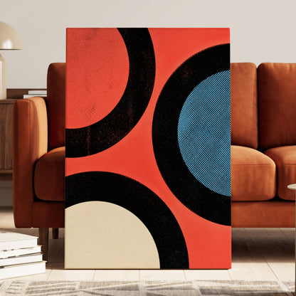 Orbit Rhythm, red, black, blue abstract wall art on canvas displayed in a styled interior, gallery view 1
