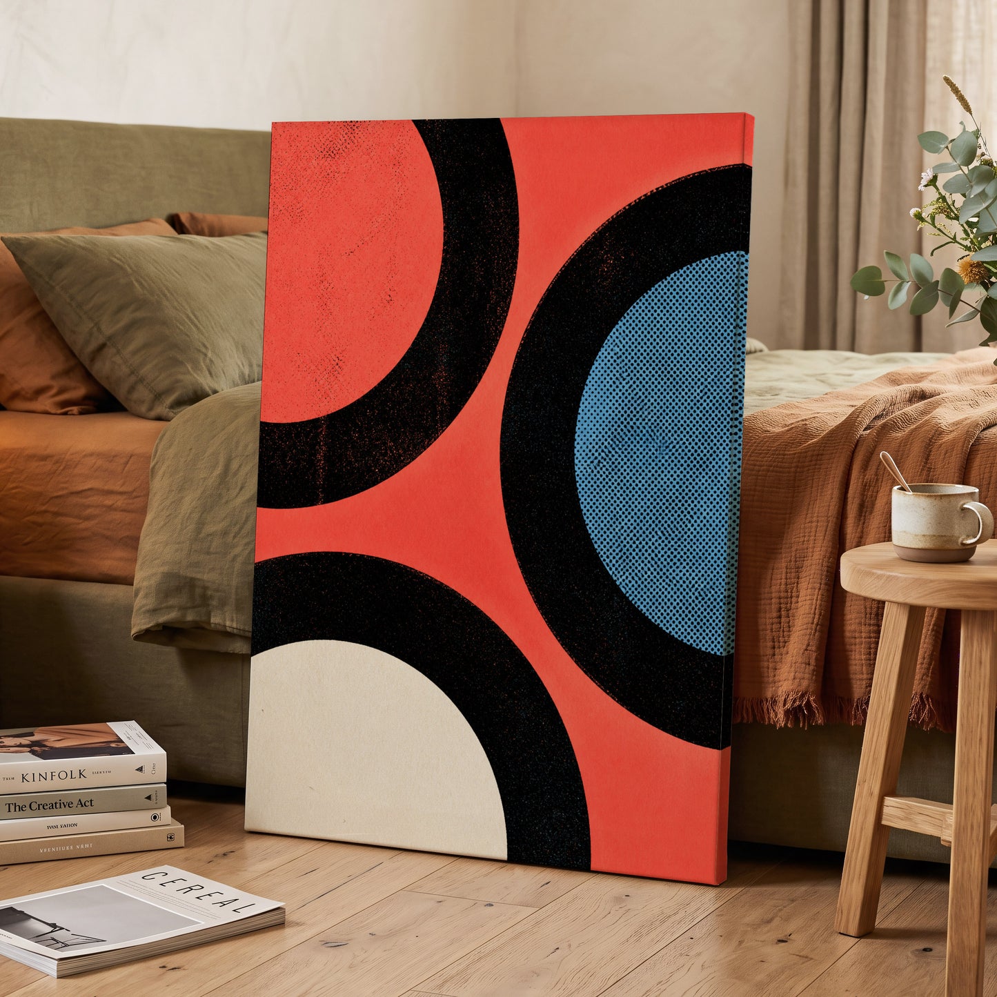 Orbit Rhythm, red, black, blue abstract wall art on canvas displayed in a styled interior, gallery view 2