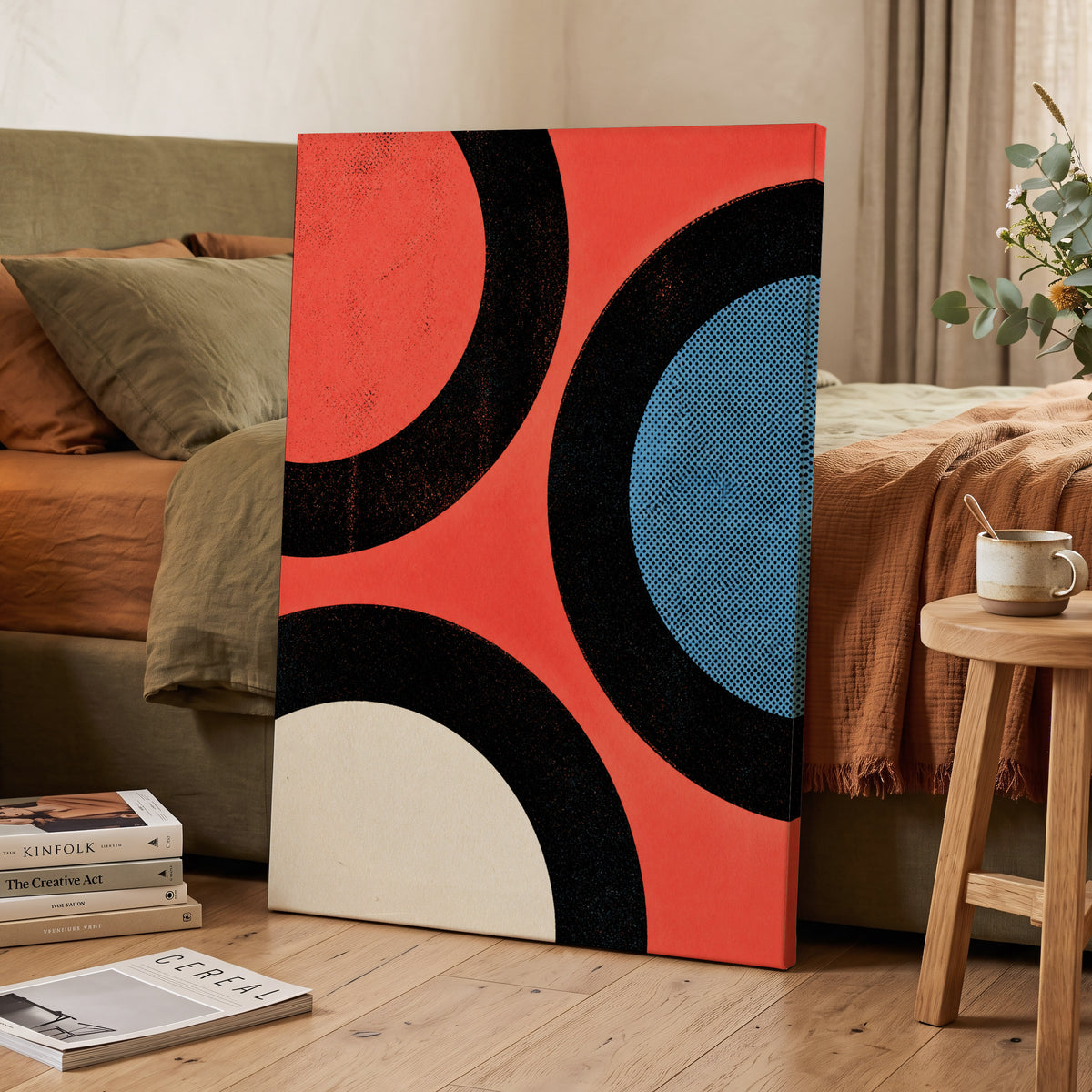 Orbit Rhythm, red, black, blue abstract wall art on canvas displayed in a styled interior, gallery view 2