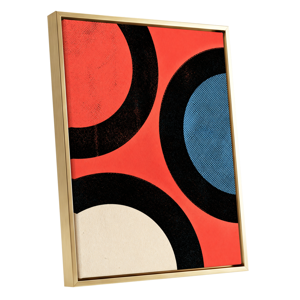 Orbit Rhythm, red, black, blue abstract wall art shown as a gold framed canvas wall art
