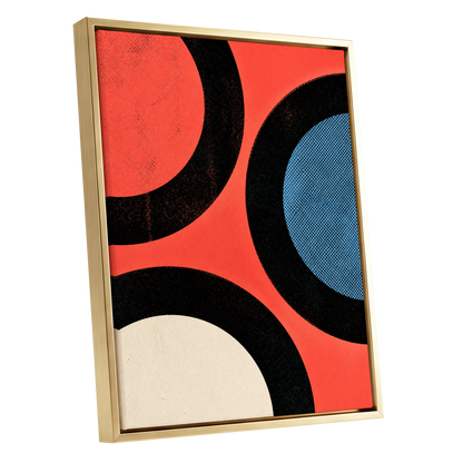 Orbit Rhythm, red, black, blue abstract wall art shown as a gold framed canvas wall art