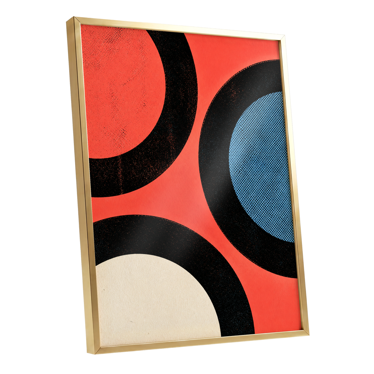 Orbit Rhythm, red, black, blue abstract wall art shown as a gold framed poster wall art print