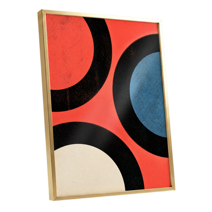 Orbit Rhythm, red, black, blue abstract wall art shown as a gold framed poster wall art print