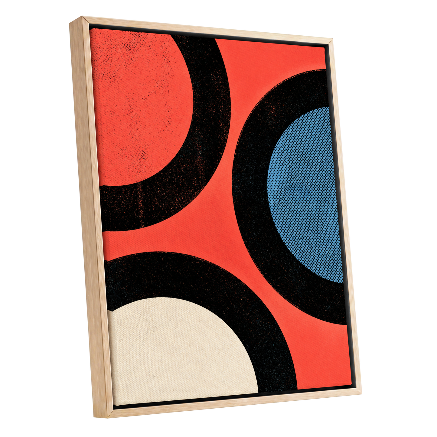 Orbit Rhythm, red, black, blue abstract wall art shown as a oak framed canvas wall art