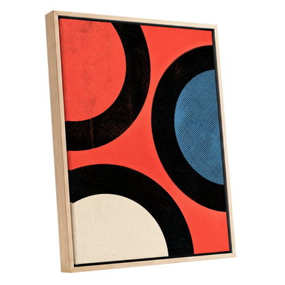 Orbit Rhythm, red, black, blue abstract wall art shown as a oak framed canvas wall art